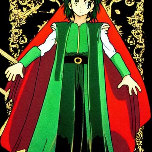 Prompt: pippin from the anime lord of the rings (1986), dark hair, green cape, studio ghibli, very detailed, realistic