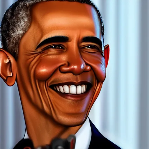 Prompt: Obama eyes are red flashlight glowing eyes, Obama is smiling with a robotic smile, hype realistic flames are burning behind Obama, 40nm lens, 4k,