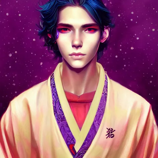 Image similar to colorful and Festive Captivating teenager boy with straight indigo hair, purple eyes with red eye markers, slim body, wearing a detailed Japanese kimono with golden details, atmospheric lighting, painted, intricate, 4k, highly detailed by Charlie Bowater