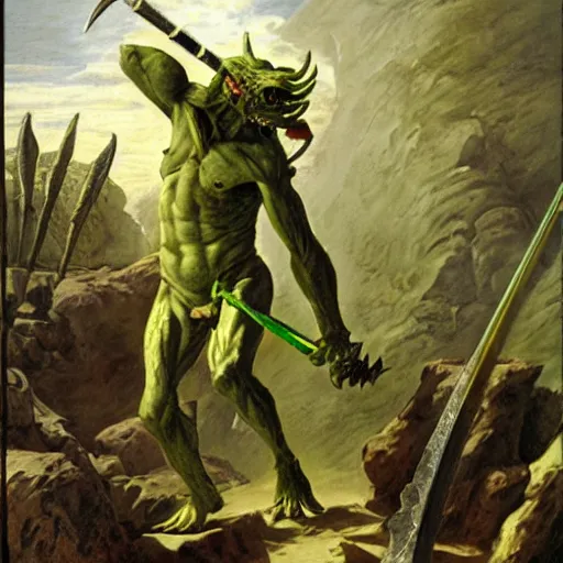 Image similar to dog - faced muscular goblin, ugly face, lizard tail, holding scimitar made of bone, scimitar, sword, jagged sword, curved sword, orkish sword, colorized, green skin, hyper - detailed, primeval fantasy, prehistoric fantasy, art by jacques - louis david