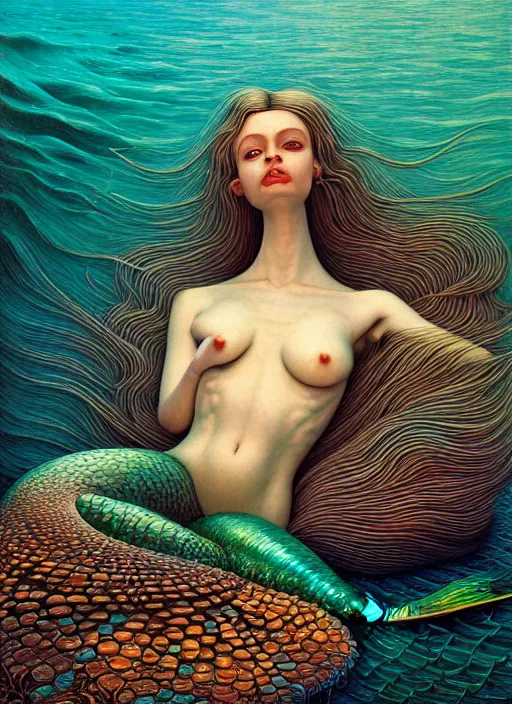 Prompt: hyper detailed 3d render like an Oil painting - Portrait of a mermaid by Jacek Yerka, Mariusz Lewandowski, Houdini algorithmic generative render, Abstract brush strokes, Masterpiece, Edward Hopper and James Gilleard, Zdzislaw Beksinski, Mark Ryden, Wolfgang Lettl, hints of Yayoi Kasuma, octane render, 8k