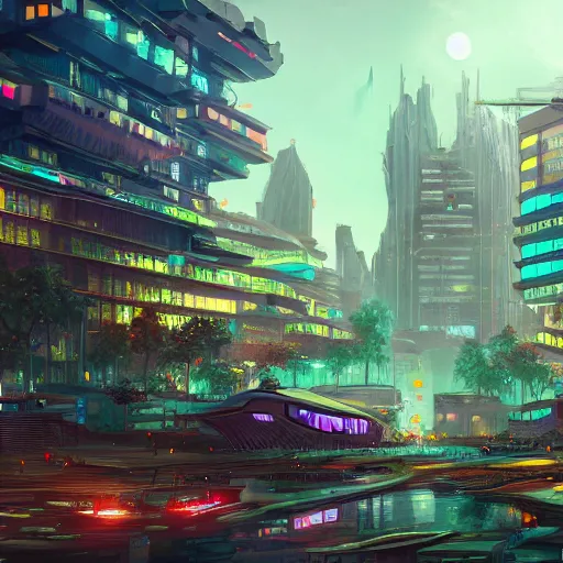 Prompt: a utopian cyberpunk city, filled with fauna, with building floating around everywhere, building cover with plant, dynamic lighting, fantasy concept art, trending on art station, stunning visuals, creative, cinematic, intricately detailed, unreal engine, 4 k