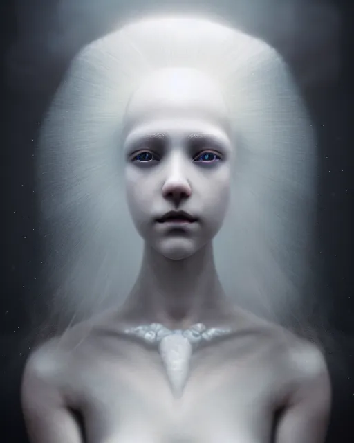 Image similar to delicate, dreamy, feminine, subsurface scattering, white, young beautiful robot - cyborg in cosmos long white hair floating in air, fluid smoke art, black and white, octane render, dino valls, mark ryden, joe fenton, michal karcz, highly detailed, rim light, art, cinematic lighting, very coherent, hyper realism, 8 k