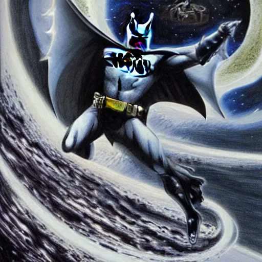 Prompt: batman surfing the infinite cosmos, grand scale, painting by h. r. giger