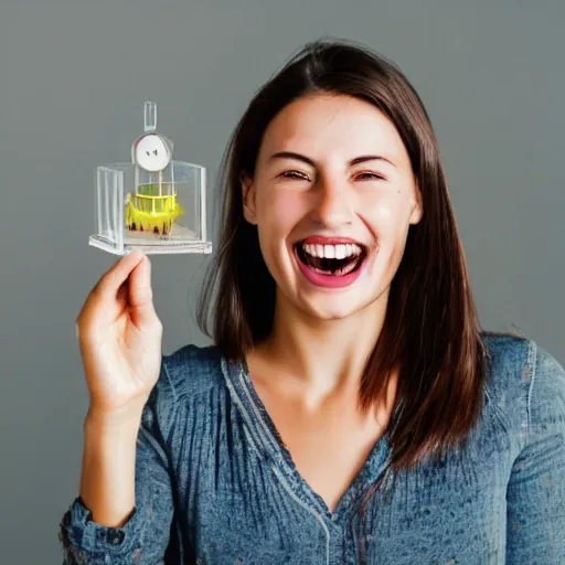 Prompt: a person with a happy look on their face in a room holds up a glass box that keeps captive and isolates a worm that makes people feel sad and upset