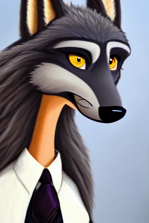 Image similar to oil painting of anthromorphic female wolf, in style of zootopia, female fursona, furry, furaffinity, 4 k, deviantart, furry art, fursona art, wearing black business suit, business suit, wolf fursona, female, very expressive detailed feminine face,