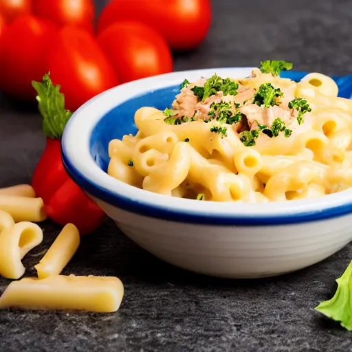 Image similar to tuna mac and cheese food photography black background soft focus in the style of Alan De Herrera