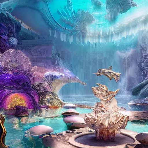Image similar to unreal engine, octane render, intricate detail, maximalist, gilbert williams portrait of a crystal temple in atlantis, iridescent dolphins swimming in the sea, unicorn flying in the sky, paleozoic atlantis