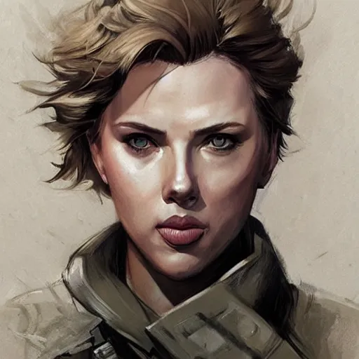 Image similar to old solid snake played by by scarlett johansson, military art, face portrait, hd shot, digital portrait, elegant, beautiful, fantasy art, artstation, comic style, by artgerm, guy denning, jakub rozalski, magali villeneuve and charlie bowater