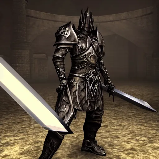 Image similar to A medieval fantasy death knight with large greatsword in hands based on Elden Ring design, extremely detailed, upscaled, 8k resolution, dark, glowing black weapon, destruction
