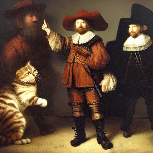 Prompt: oil painting by rembrandt of the night watch with extra cat.