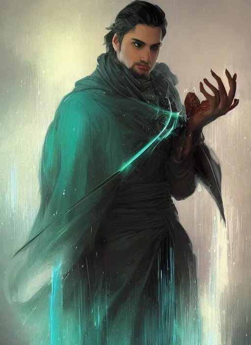 Image similar to character concept portrait of an attractive young focused Spanish wizard with pale teal skin enchanting a rain spell, a floating iridescent spell book in the center, intricate, elegant, digital painting, concept art, smooth, sharp focus, illustration, from Metal Gear, by Ruan Jia and Mandy Jurgens and William-Adolphe Bouguereau, Artgerm