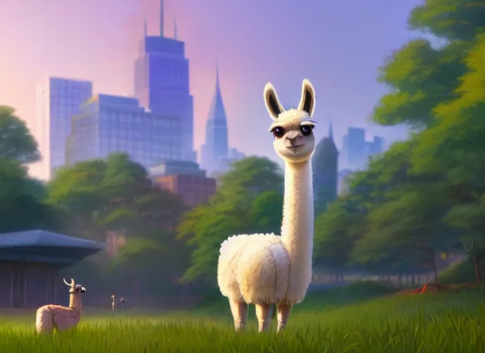 Prompt: a wholesome animation key shot of a llama, new york zoo in the background, studio ghibli, pixar and disney animation, sharp, rendered in unreal engine 5, anime key art by greg rutkowski, bloom, dramatic lighting