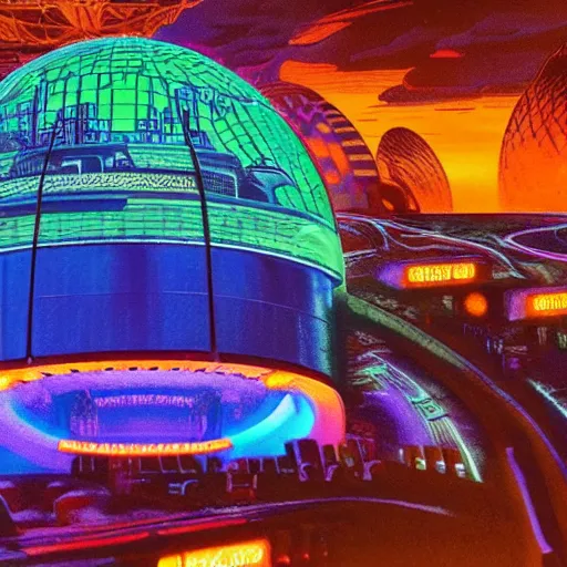 Image similar to 35mm film still blade runner set on Mars in an neon city, domes made of glas by Alex grey and Dan Mumford