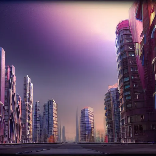 Prompt: vibrant octane vfx of a cityscape done in the style of alan lee, the buildings are all rendered with sharp lines and angles, and the overall effect is one of progress and order. lthere is a strong sense of geometric shapes in the composition, overall effect is one of calm and serenity, featured on deviantart, space art, matte painting, apocalypse landscape, apocalypse art