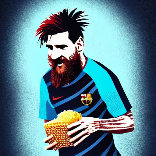 Prompt: lionel messi with a majestic beard eating a kfc zinger by alena aenami