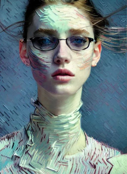 Image similar to portrait of beautiful girl, porcelain skin, ecstatic, dancing, eyes closed, shades of pastel blue and light grey, new york backdrop, beautiful face, rule of thirds, intricate outfit, spotlight, by greg rutkowski, by jeremy mann, by francoise nielly, by van gogh, digital painting