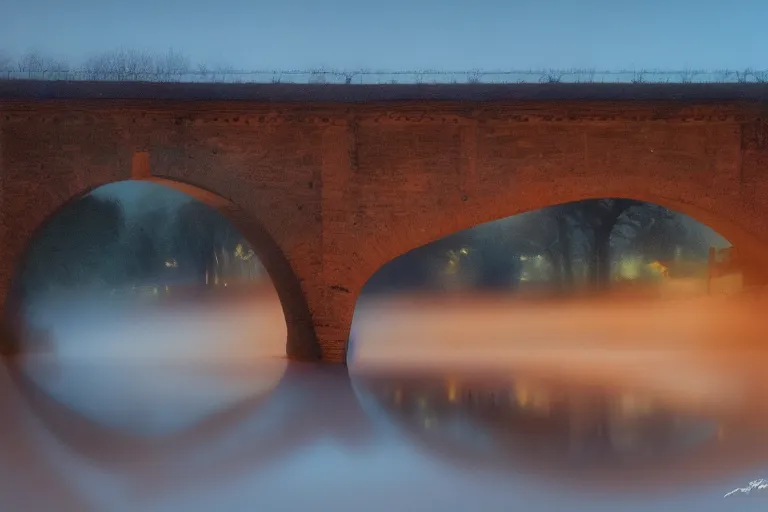 Prompt: masterpiece lomography landscape of ( pont ambroix at ambrussum ), single arch, cinematic lights, 8 k, long exposure, fog in the background, soft blue tones, by gustave courbet, artstation, deviantart