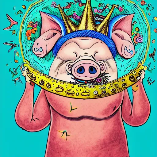 Image similar to trippy comic art of a pig wearing a gold crown eating snacks, drawn by Martin Rowson, Tim Burton, Studio Ghibli, Alex Pardee, Nekro Petros Afshar, James McDermott, colors by lisa frank, unstirred paint, vivid color, cgsociety 4K