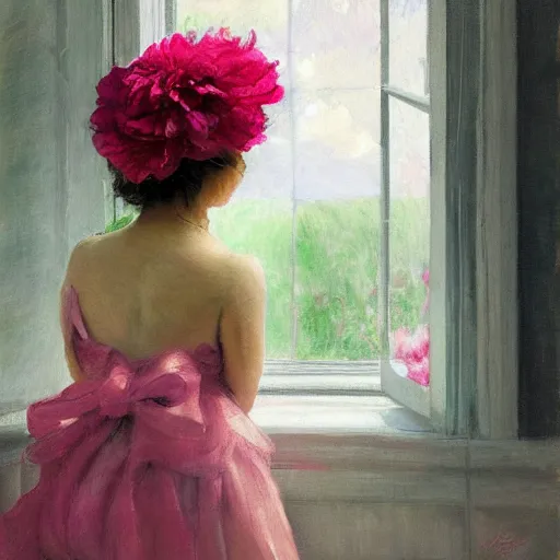 Image similar to a girl in a hat with peonies looks out the window at a blooming garden, rear view, art by vrubel, highly detailed, digital painting, artstation, matte, sharp focus