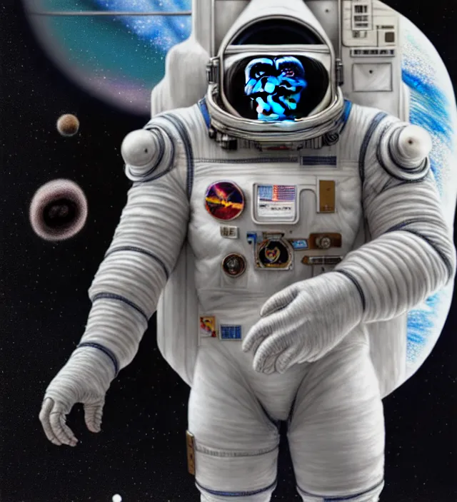 Image similar to a highly detailed science-fiction character portrait of a serious gorilla wearing a white armored space suit, on a space walk outside a space station, intricate, wild, digital painting, artstation, concept art, smooth, sharp focus, illustration, art by artgerm and greg rutkowski and alphonse mucha, 8k octane beautifully detailed render, post-processing, extremely hyperdetailed, intricate, epic composition