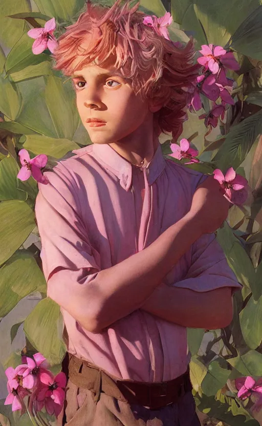 Prompt: androgynous cute pink haired teen boy wearing greek clothes, muted colors, colorful flowers, tropical, sunlight filtering through skin, j. c leyendecker, by alan lee, wlop! illustrated by starember, fantasy art by craig mullins cfg _ scale 8