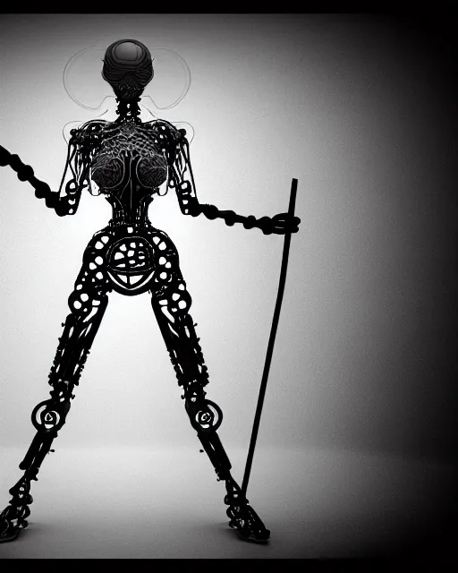 Image similar to mythical black and white organic bio-mechanical stick figure. Waving an axe into the camera. detail of mechanical beautiful female angelic-vegetal-cyborg, highly detailed, intricate steampunk ornate, poetic, 3D render, digital art, octane render, 8K artistic photography, photo-realistic, by Dora Maar