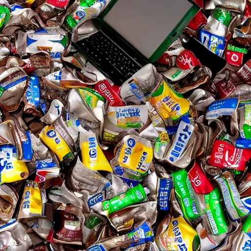 Prompt: a computer desk with screen mouse and keyboard covered and piled with discarded food and crushed soda cans and used chocolate wrappers