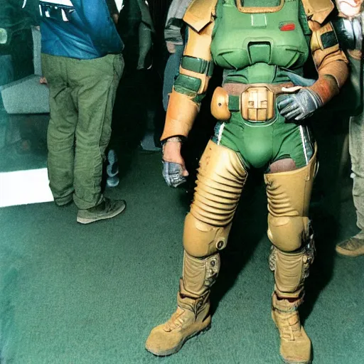 Prompt: doomguy cosplay, analog photography, 9 0 s