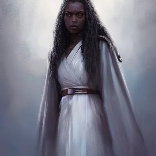 Image similar to portrait of a woman by greg rutkowski, young jedi knight, black, afro hair, pretty, star wars expanded universe, she is about 2 0 years old, wearing jedi robes, highly detailed portrait, digital painting, artstation, concept art, smooth, sharp foccus ilustration, artstation hq