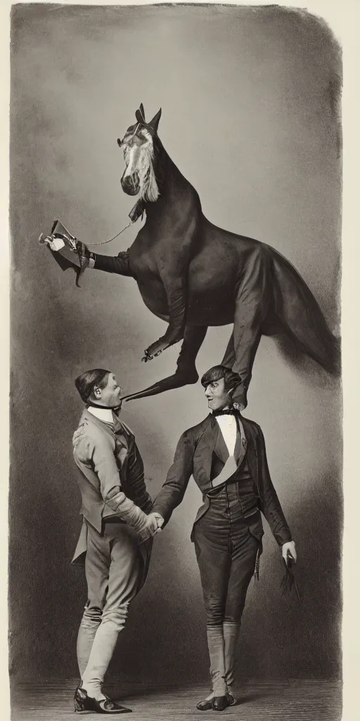 Prompt: t rex and a horse wearing high heels shaking hands. Business men, anamorphic, strange, black and white, photograph, 1850s