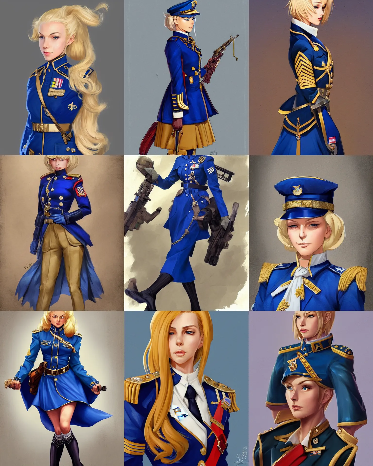 Prompt: A blonde woman in a royal blue military dress uniform , visualartzi, dieselpunk, anime, concept art by Karla Ortiz, James Paick, Charlie Bowater, Krenz Cushart, highly detailed, ultra detailed, ultra realistic, trending on artstation, cgstudio