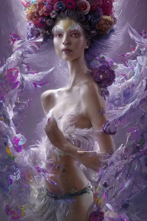 Image similar to beautiful model wearing crystal white feathers, god of psychedelics dancing in a vortex made of flowers, diamonds, angel, fantasy, dramatic lighting, highly detailed, digital painting, holding electricity, magic the gathering, hyper detailed, 3 d render, hyper realistic detailed portrait, peter mohrbacher, wlop, ruan jia