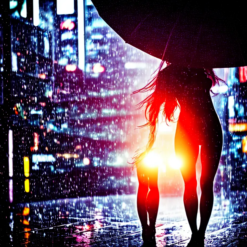 Prompt: a photo close up cyberpunk woman dancing in the rain, cyberpunk hiroshima, prefecture streets, sunset, photorealistic, cinematic lighting, highly detailed, bokeh, style by tomino - sama
