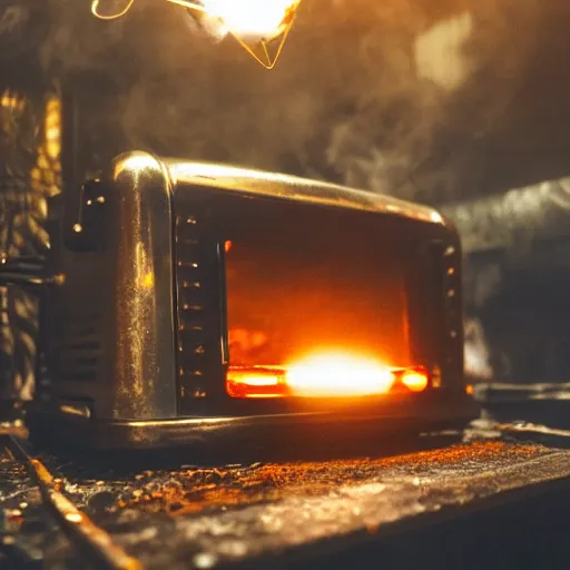 Image similar to toaster oven mecha head, dark messy smoke - filled cluttered workshop, dark, dramatic lighting, orange tint, sparks, cinematic, highly detailed, sci - fi, futuristic, movie still