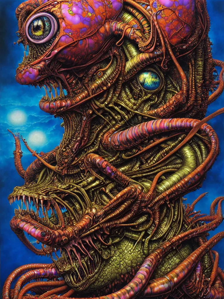 Prompt: realistic detailed image of Technological Nightmare Abomination Alien Amphibian Monster God by Lisa Frank, Ayami Kojima, Amano, Karol Bak, Greg Hildebrandt, and Mark Brooks, Neo-Gothic, gothic, rich deep colors. Beksinski painting, part by Adrian Ghenie and Gerhard Richter. art by Takato Yamamoto. masterpiece