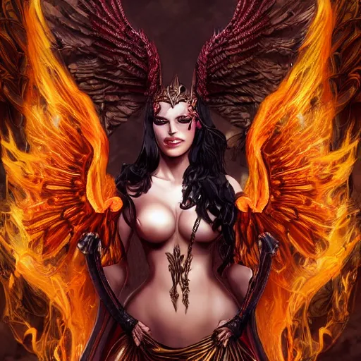 Prompt: Enchantress with flaming pheonix wings sitting on an ornate throne. Fantasy, 4k, ultra detailed, magic the gathering, Liliana vess. Dungeons and dragons.