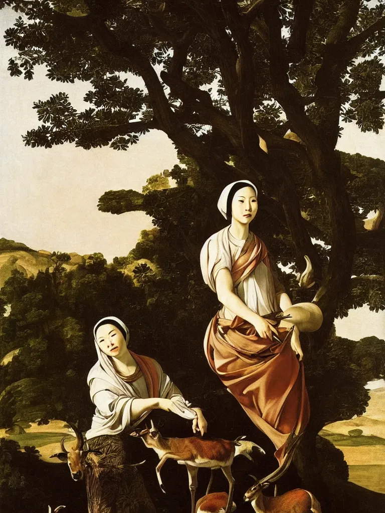 Prompt: Portrait of oriental woman with an antelope. Landscape with trees in the fog. Painting by Caravaggio