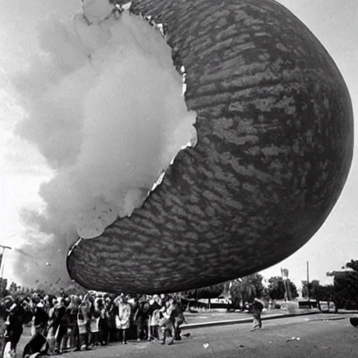 Prompt: a giant watermelon big impact hit on the building, explode and chaos, Holywood scene