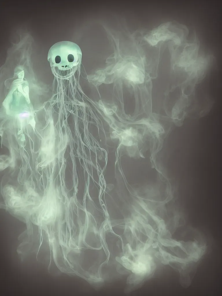 Prompt: cute fumo plush smiling ectoplasmic gothic skeletal jellyfish ghost girl, glowing milky wisps of hazy smoke and volumetric fog, lens flare, subsurface scattering, vignette, asymmetry, bokeh, refraction, vray