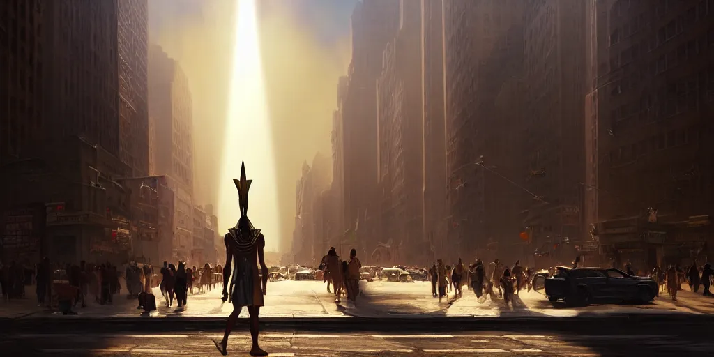 Image similar to an egyptian god walking the streets of new york, god rays, digital art, landscape, fantasy art, octane render, unreal engine, high detail, very realistic, by greg rutkowski. by james gurney