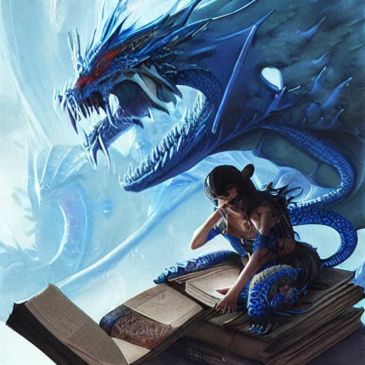 Image similar to blue dragon sitting on a hoard of books, fantasy, dnd, art by greg rutkowski