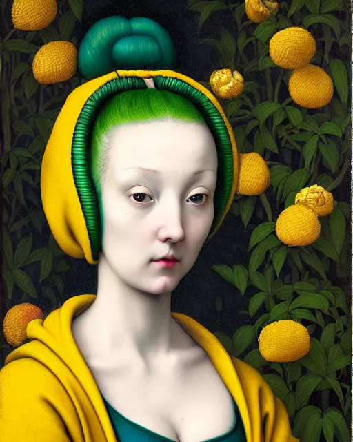 Image similar to portrait of a pale curvy woman with green blue hair buns, wearing a yellow hoodie, standing in a botanical garden, intricate details, high detail, in a high renaissance style, in the style of jacopo da pontormo, by mark ryden, punk, asian art,
