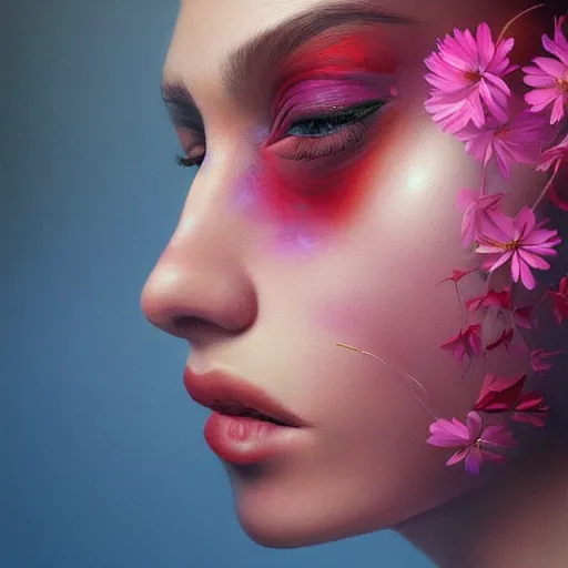 Image similar to flower pedals face hyperrealistic portrait, photo realistic, poster, artstation, volumetric lighting, digital art, very detailed face by magali villeneuve