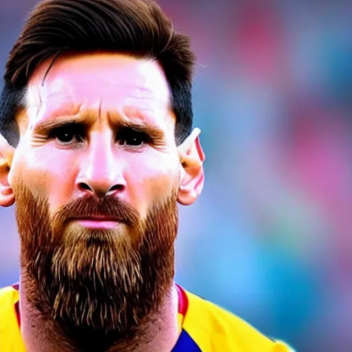 Image similar to Lionel Messi with a majestic beard, closeup, cinematic shot, 4k, award winning photo