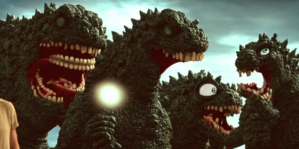 Image similar to a still from a movie, wide angle, 2 1 mm, godzilla with human teeth and googly eyes, being an idiot and laughing at a joke, real, weird, strange, funny