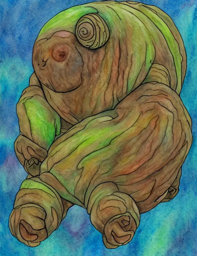 Image similar to tardigrade goddess, soft shading, dynamic lighting, watercolor and colored pencils, religious and spiritual themes