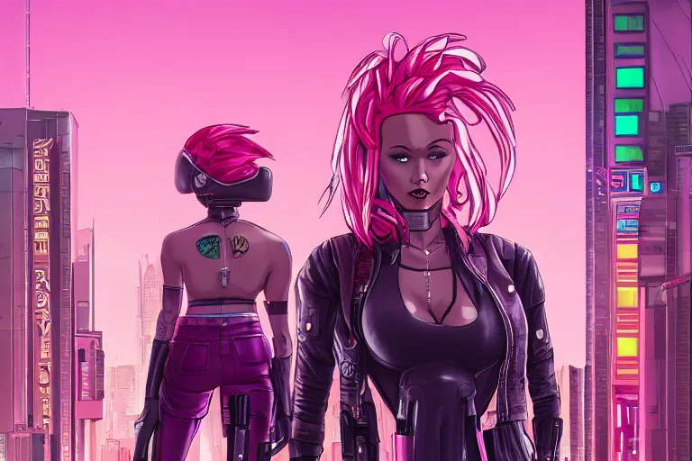 Image similar to a woman with pink hair standing in front of a city, cyberpunk art by patrick brown, trending on artstation, afrofuturism, synthwave, darksynth, retrowave
