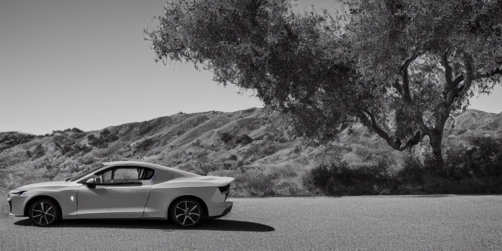 Image similar to photograph, Polestar Precept, light gray paint, by Peter Singhof, press release, cinematic, malibu canyon, 8k, depth of field, bokeh. rule of thirds