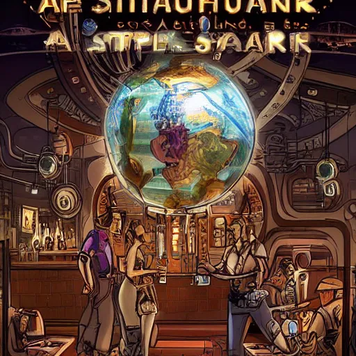 Image similar to a steampunk planet earth, has a drink at a bar. digital art, dramatic lighting, comedy, science fiction, epic fantasy, surreal. style of fifth element ( film )
